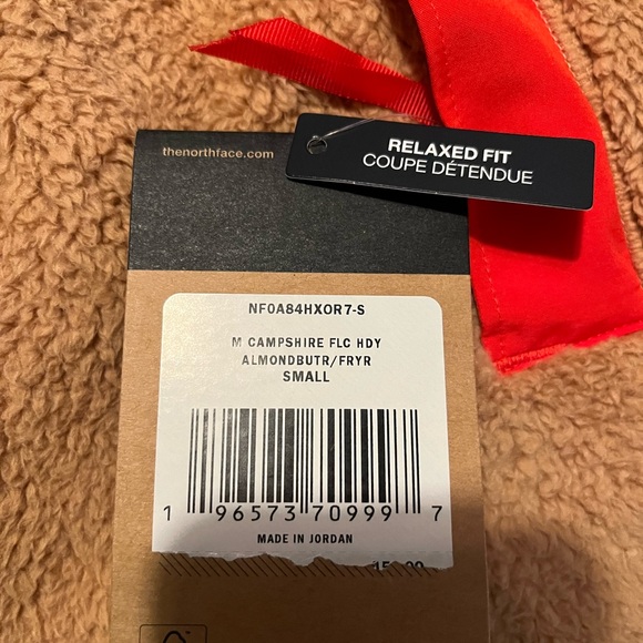 NWT The North Face Size Small Hooded Fleece. Color Tan w/ Red/Orange accents. - Picture 6 of 7